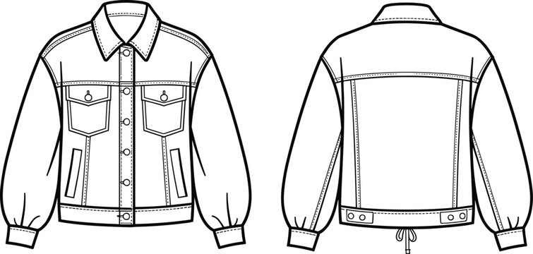 Fashion technical sketch of a denim jacket template featuring front and back view details