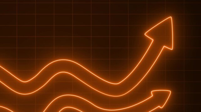 Neon Arrows Indicating Growth on Grid Background, Neon Light Business Bar Chart Animation on Black Background