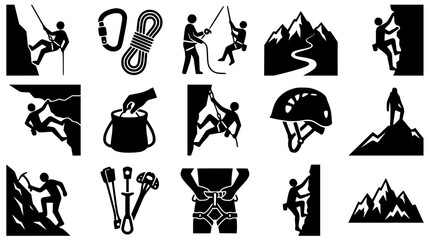 Obraz premium Rock climbing vector silhouettes set with equipment and mountain peaks isolated on white