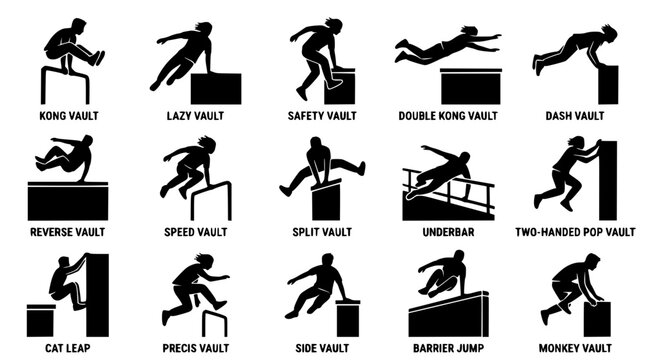 Parkour silhouettes in motion during athletic training and urban sports