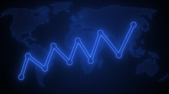 Line Graph on World Map Background, Glowing Neon Light Animated Bar Graph with Business Arrow Indicator