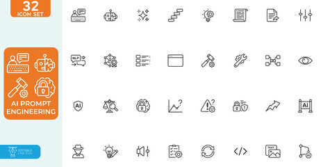 AI Prompt Engineering Vector illustration line editable Icons set. Generative AI, Prompt Optimization, and Model Guidance. large language models, AI interaction, and context control concepts. © MstRatna