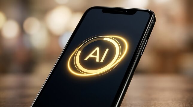 Artificial intelligence smartphone display golden ai symbol on black screen futuristic tech concept