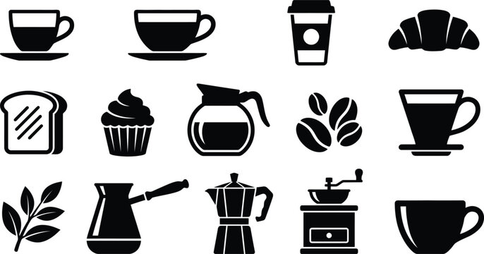 Black and white of coffee, beer, wine, and cocktail glasses, plush toys, and plants black and white coffee cup