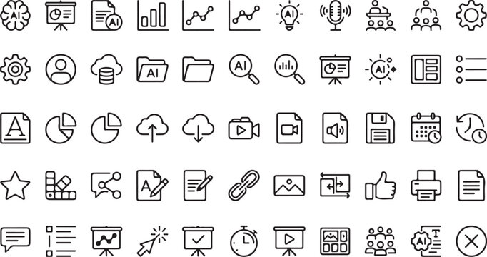 Collection of modern outline office workflow symbols including growth charts file folders cloud database vectors