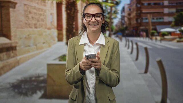 Young woman holding smartphone and smiling while standing on a sunny city street with bollards and stone buildings near planters; joy.