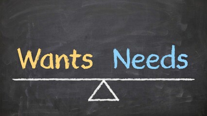 Fototapeta premium Wants vs Needs, balance concept, financial planning, chalkboard background