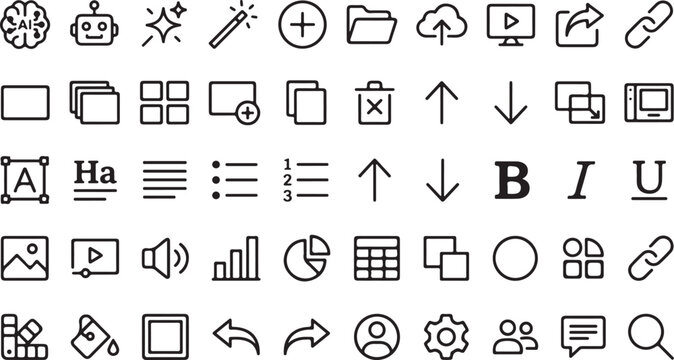 Minimalist black line artificial intelligence text editing and content creation user interface icon set vector