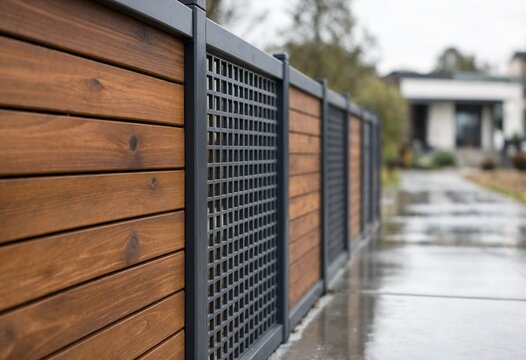Modern residential backyard fence featuring wooden slats, metal lattice panels, contemporary privacy design, durable perimeter enclosure, stylish landscaping, secure property boundary, elegant exterio
