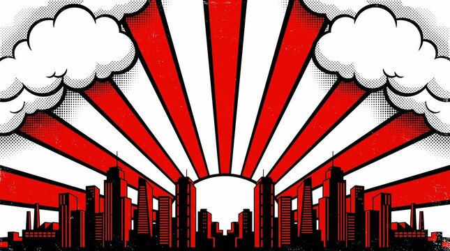 Retro comic-style city skyline featuring bold red and white sunburst rays with dramatic clouds and an urban silhouette. Ideal for posters, banners, manga backgrounds, presentations