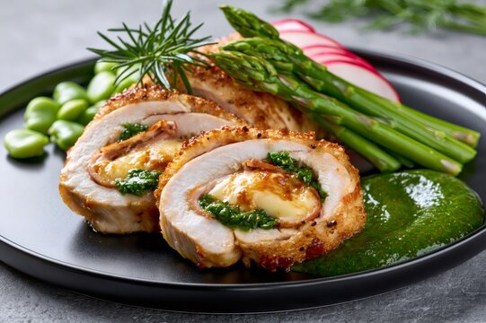 Stuffed chicken breast serving with asparagus radishes pesto