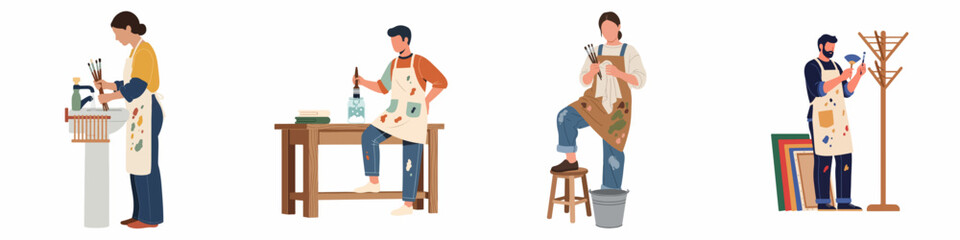 Fototapeta premium Flat vector illustration of various artists cleaning their tools and organizing their studio space.