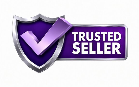 Trusted seller badge with checkmark shield and purple background
