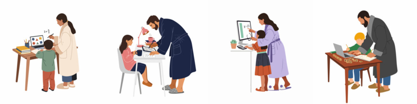 Diverse parents in bathrobes helping their children with remote learning and homework using laptops and tablets at home, flat vector illustration collection.