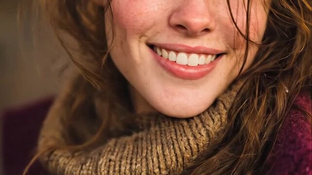 Close-up portrait of smiling freckled woman.