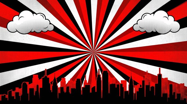 Bold red retro skyline with powerful radial burst rays and comic clouds. Perfect for gaming, entertainment, marketing, and promotional artwork.
