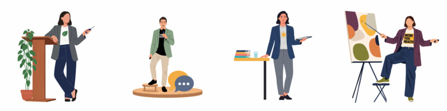 Set of flat vector illustrations featuring diverse professionals giving presentations, public speaking, and lecturing in various educational and business settings.