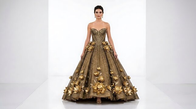 Stunning woman posing in a golden bronze ball gown with intricate 3D lotus flower embellishments and a structured corset bodice, isolated on a bright white studio background for fashion
