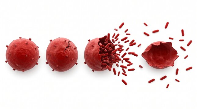 Cell lysis process showing a red blood cell rupturing isolated on white background