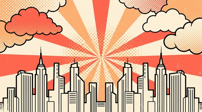 Elegant beige city skyline with retro sunburst rays and comic clouds creating a timeless urban background for posters, presentations, and branding.