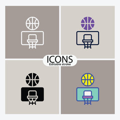 Basketball hoop icons with ball and backboard, set of 4 editable stroke vector graphics in line and flat styles, professional sports equipment symbols for athletic apps and website interfaces. © ISRATJAHAN