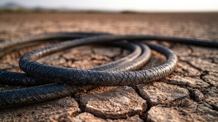 Obraz premium Coiled hose on dry cracked earth
