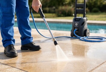 Fototapeta premium Professional maintenance worker pressure washing stone pool deck patio using high-pressure water spray, restoring outdoor surfaces with residential cleaning, sanitation, renovation, and landscaping.