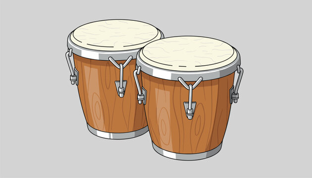 Pair of wooden bongo drums musical instrument isolated on grey background, percussion vector illustration.