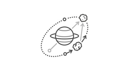 Clean Minimalist Black and White of Saturn with Orbiting Celestial Bodies and Arrows with high quality professional line art symbols for modern creative design and digital branding projects © yantono