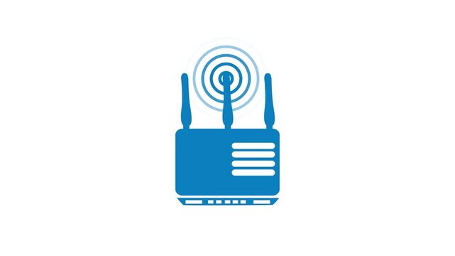White router icon with antennas and Wi-Fi signal animation on black background