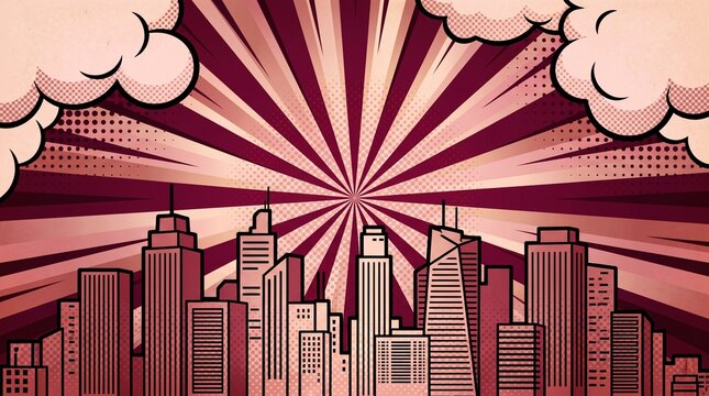 Burgundy retro skyline featuring dramatic radial rays and comic cloud details. Perfect for elegant branding, editorial layouts, presentations, and creative marketing.
