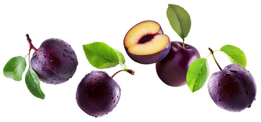 Fototapeta premium Juicy red and purple plums with green leaves and water droplets on white background, concept of freshness and healthy food