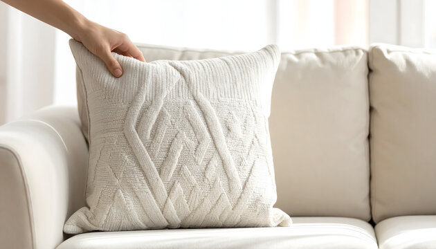 Throw pillow hand plumping posing creating cozy and inviting professional home textile advertising atmosphere generative AI