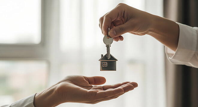 A person handing over a house key to another person for a new home purchase.