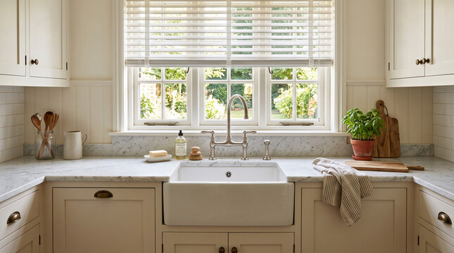 Elegant Traditional Kitchen Interior with Marble Countertop and Brushed Nickel Faucet