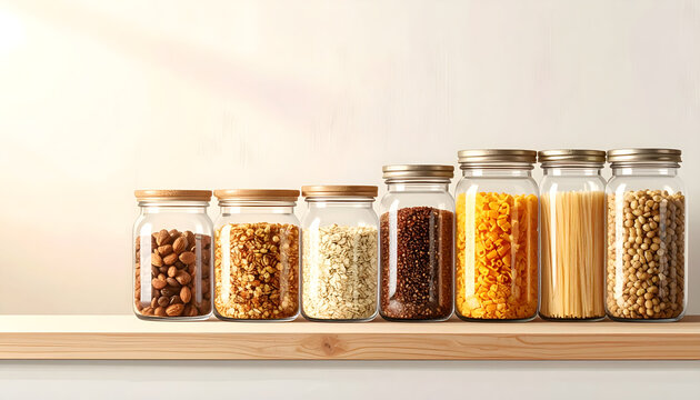 Glass storage jars filling posing creating organized and wholesome professional pantry organization advertising atmosphere generative AI