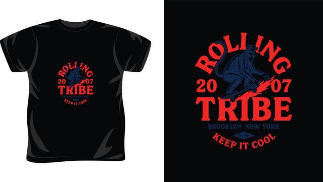 Rolling tribe street wear t-shirt graphic design with a skateboarding monkey illustration.