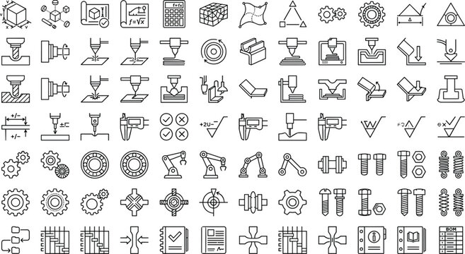 Mechanical Engineering CAD Symbols Vector Set for Manufacturing and Industrial Technical Drawings
