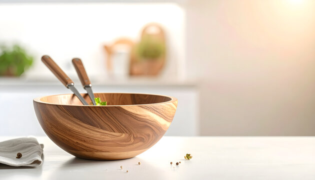 Wooden salad bowl serving resting creating warm and inviting professional kitchenware advertising atmosphere generative AI
