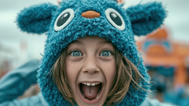 A close-up of a joyful child wearing a blue furry animal hat with large eyes and an open mouth, expressing excitement and happiness.