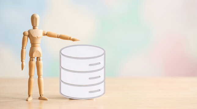 Employee database management analysis and corporate kpi tracking wooden mannequin pointing at cylinder server icon conceptual photo with copy space for mid-year performance presentation slide