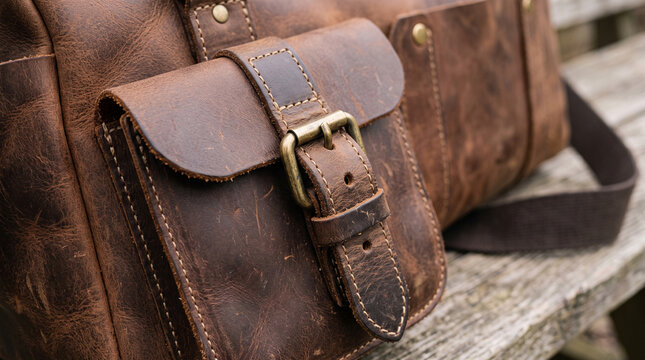 Rustic Brown Leather Travel Bag Side Pocket with Buckle Close Up and Fine Stitching