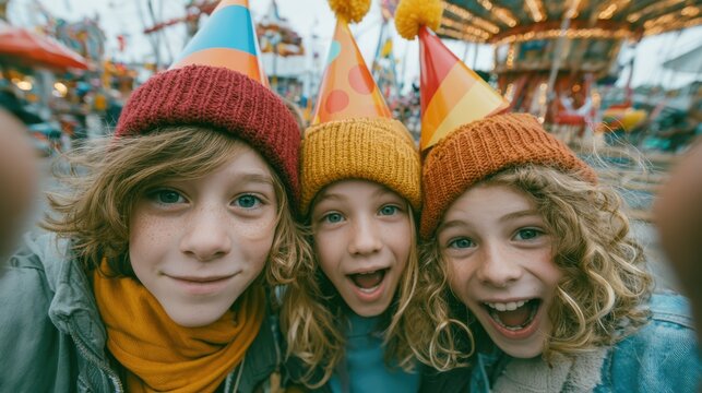 Three children wearing colorful party hats and knitted beanies smile excitedly at a festive outdoor carnival or fair.