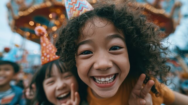 A close-up of a joyful child with curly hair wearing a party hat, smiling widely at a lively outdoor celebration with friends in the background.