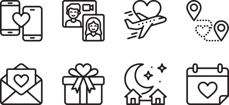Long Distance Relationship Online Dating and Virtual Love Connection Outline Icon Set