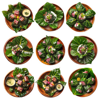 Lu Pulu corned beef cooked in coconut milk in taro leaves in wooden bowl, isolated on white background, concept of Polynesian food