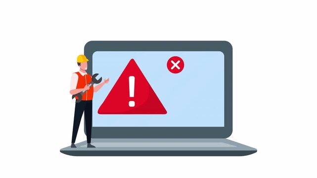 Computer error and technical support animation concept. Technician with wrench standing on laptop showing warning triangle and error message, for system failure, bug fix and troubleshooting.