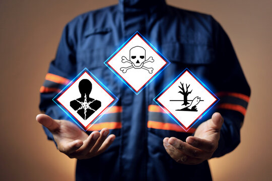 hazardous substance concept safety staff holding dangerous goods sign to inform materials safety data sheet to worker in area