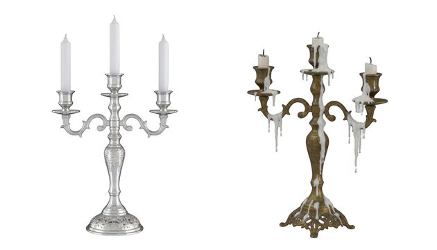 Two Ornate Candelabras with Dripping Wax
