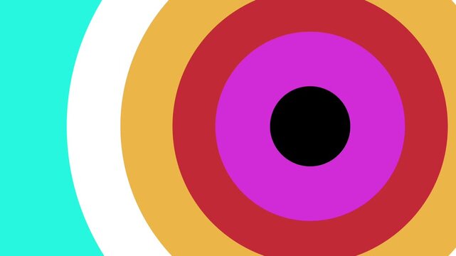 Abstract retro concentric circles zooming motion graphic transition. Colorful pop art psychedelic hypnotic tunnel background loop